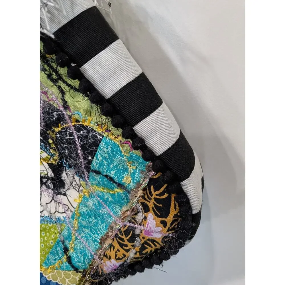 Quilted Patchwork Tote Purse Bag Boho Mixed Media Fringe Pikake Design Embelish